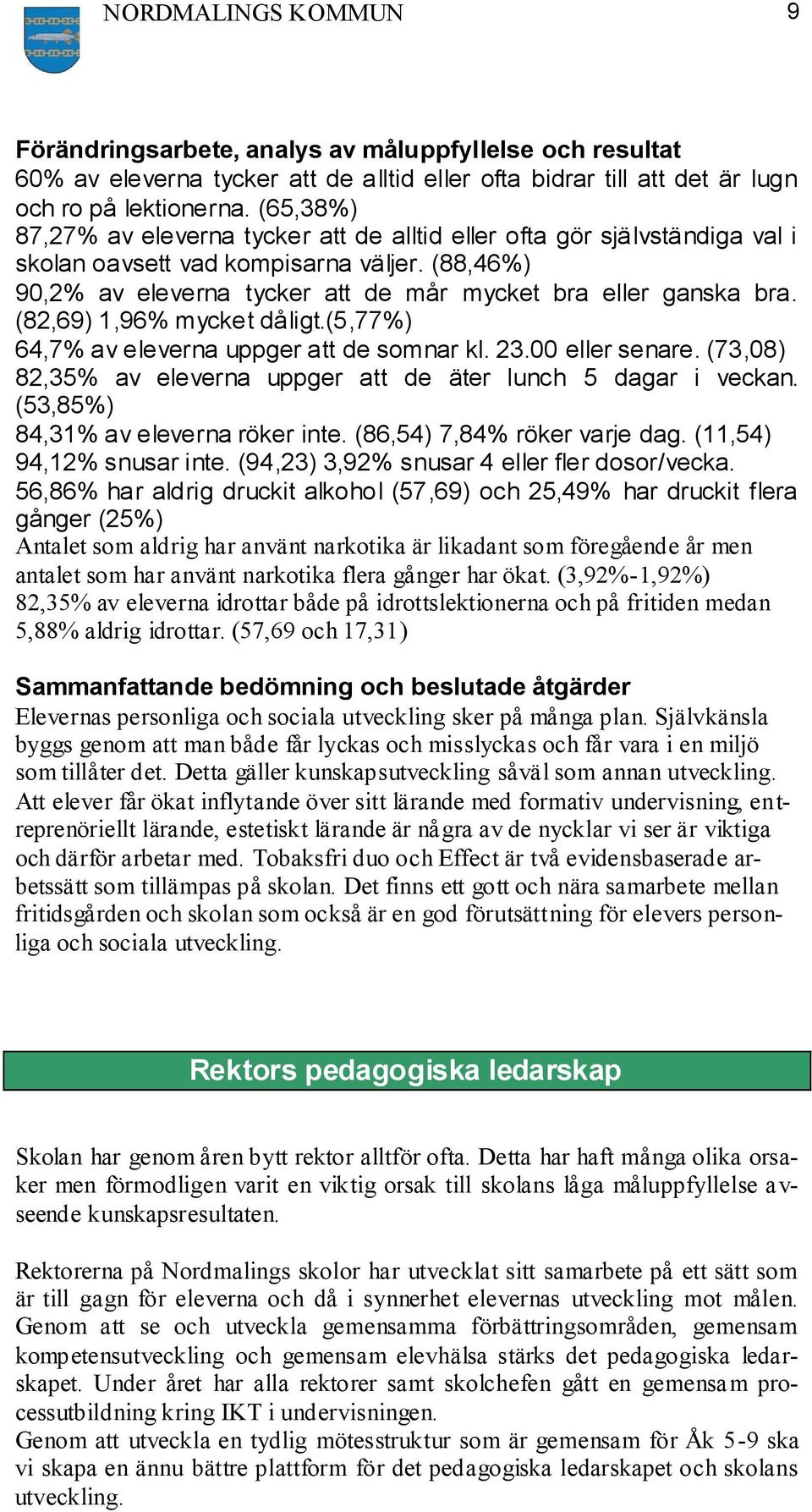 (82,69) 1,96% mycket dåligt.(5,77%) 64,7% av eleverna uppger att de somnar kl. 23.00 eller senare. (73,08) 82,35% av eleverna uppger att de äter lunch 5 dagar i veckan.