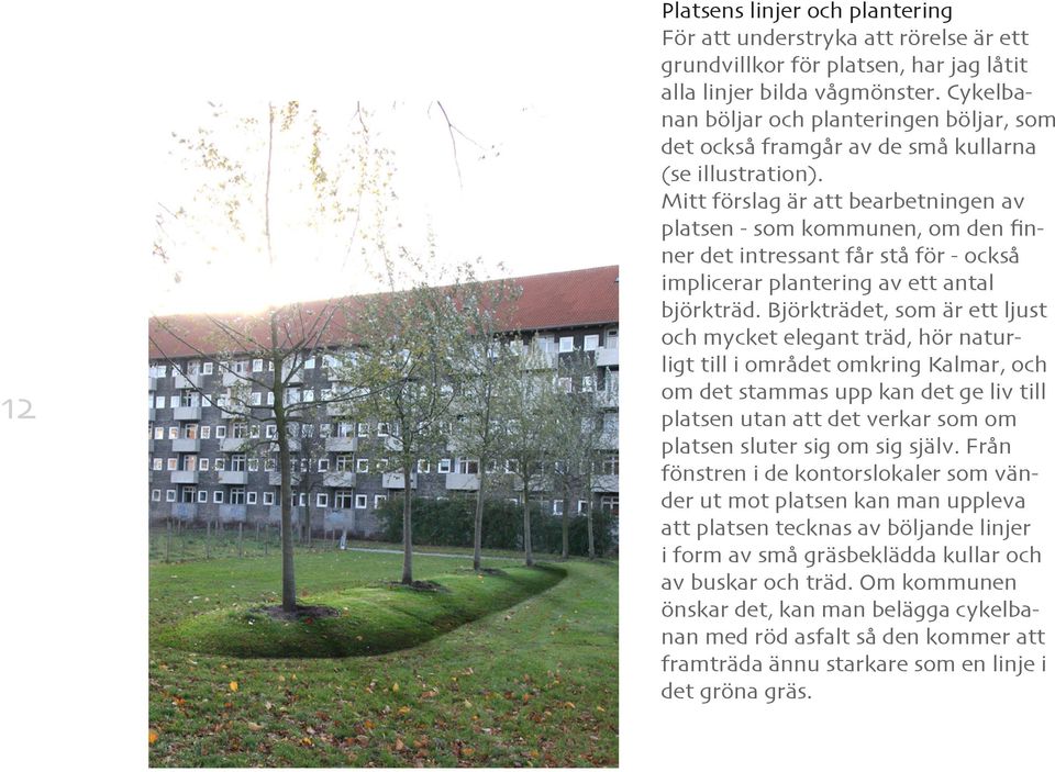 Mitt förslag är att bearbetningen av platsen - som kommunen, om den finner det intressant får stå för - också implicerar plantering av ett antal björkträd.