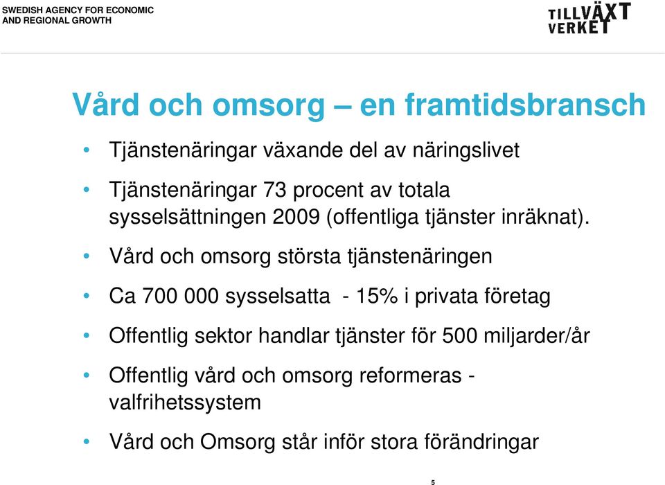 Vård och omsorg största tjänstenäringen Ca 700 000 sysselsatta - 15% i privata företag Offentlig sektor