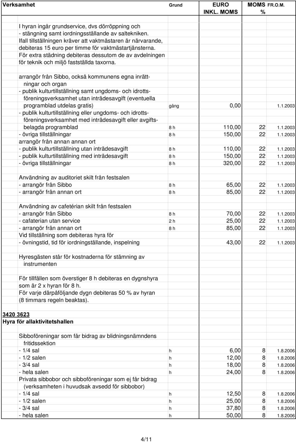 För extra städning debiteras dessutom de av avdelningen för teknik och miljö fastställda taxorna.