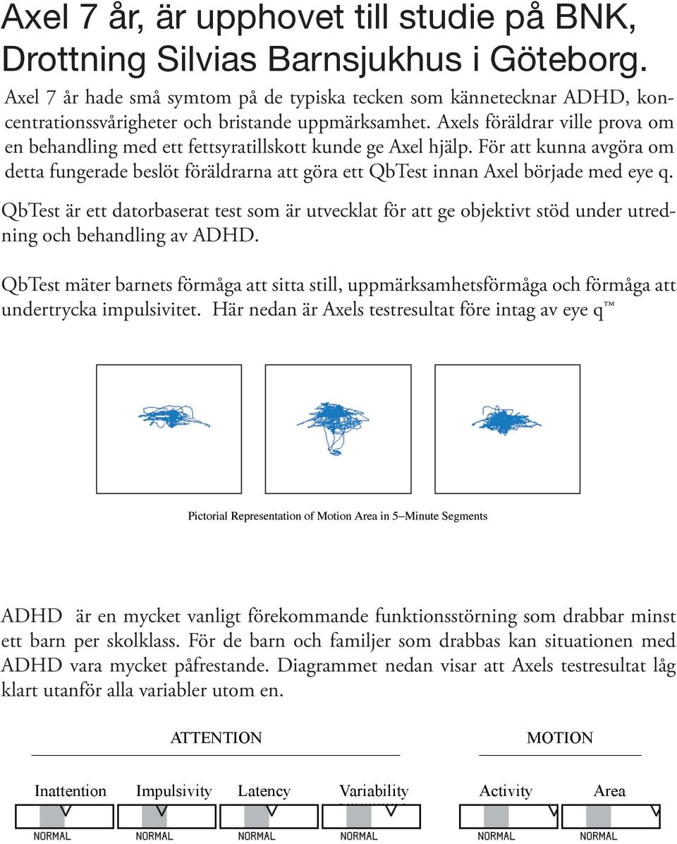 Axels föräldrar ville prova om en behandling med ett fettsyratillskott kunde ge Axel hjälp. För att kunna avgöra om detta fungerade beslöt föräldrarna att göra ett QbTest innan Axel började med eye q.