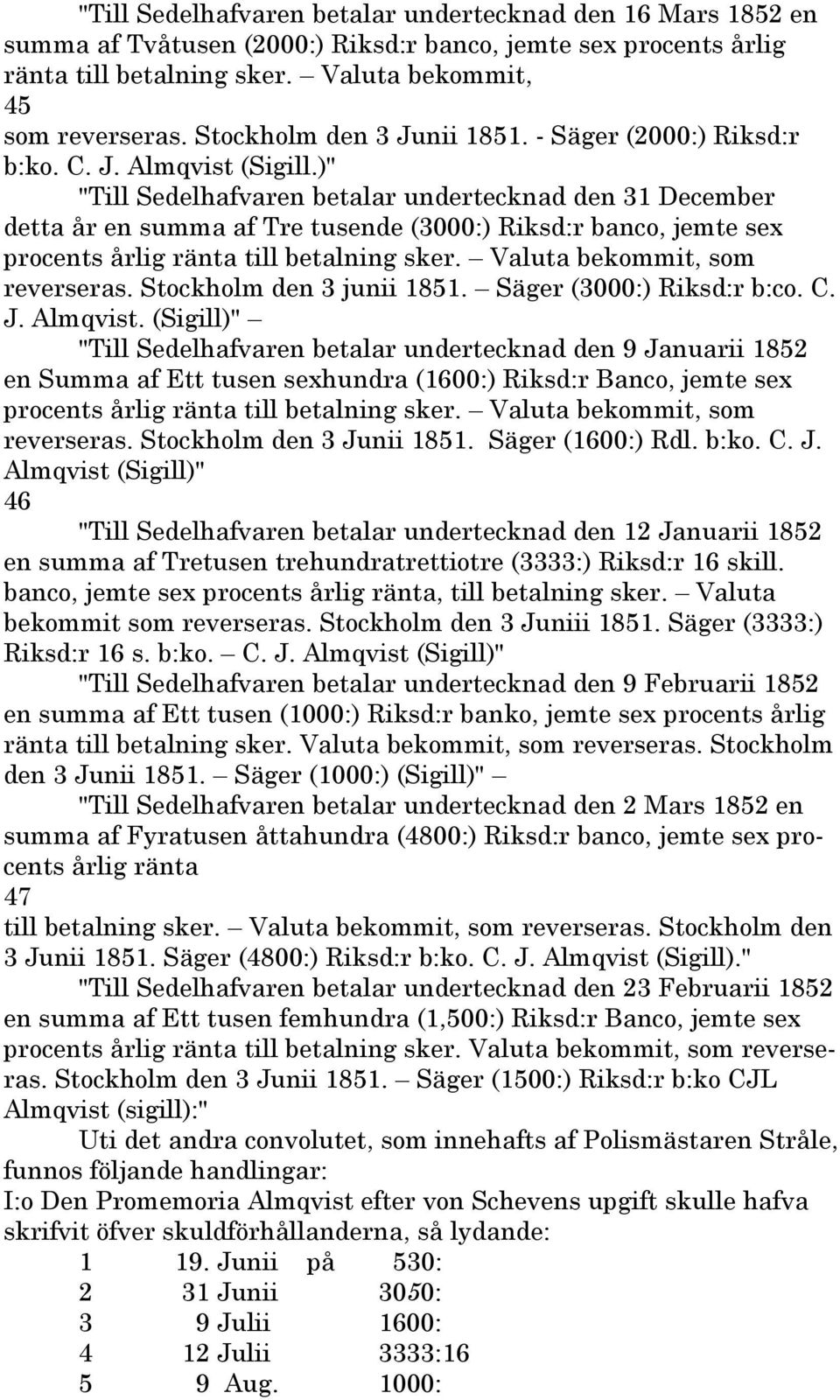 )" "Till Sedelhafvaren betalar undertecknad den 31 December detta år en summa af Tre tusende (3000:) Riksd:r banco, jemte sex procents årlig ränta till betalning sker. Valuta bekommit, som reverseras.