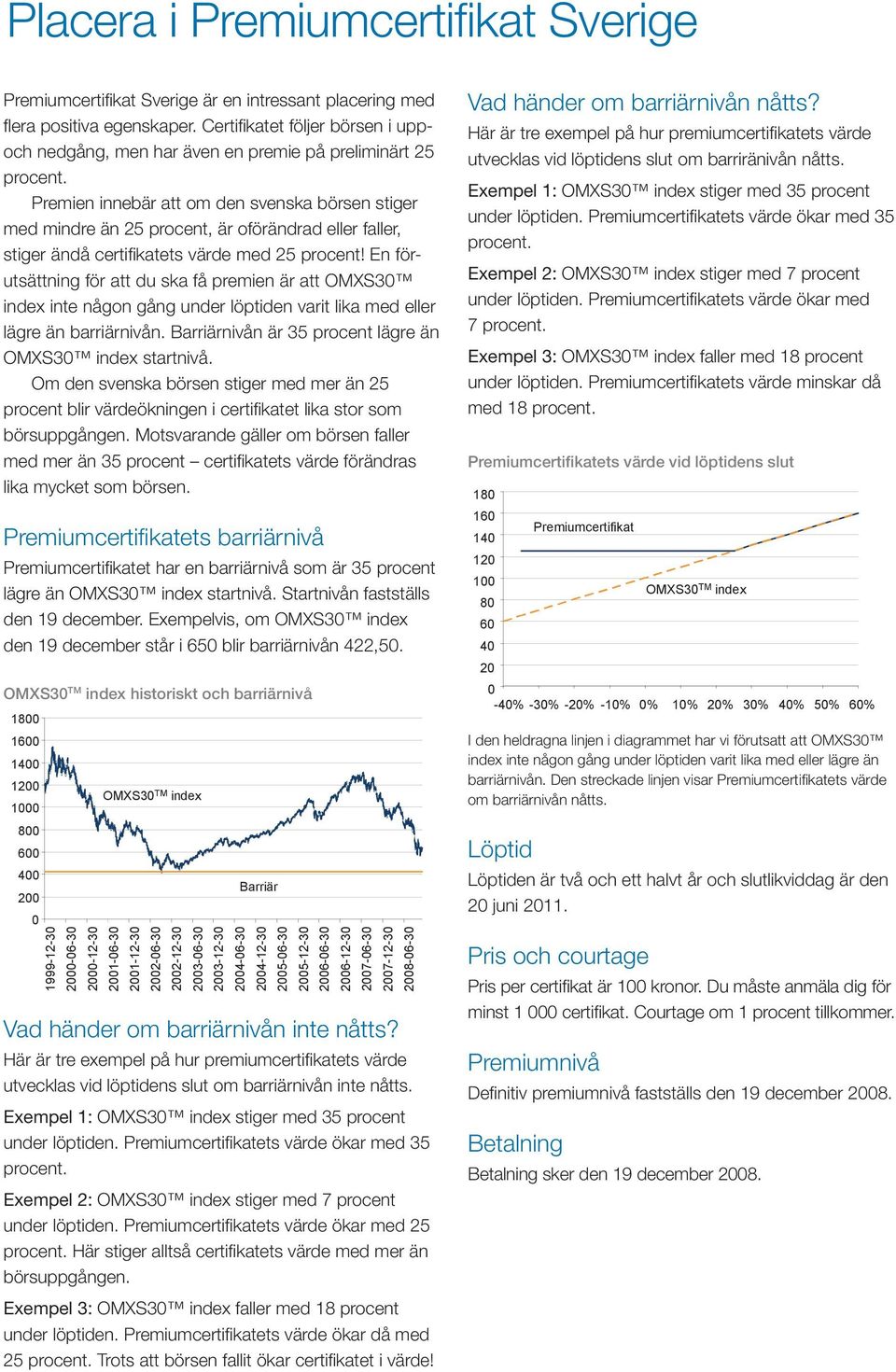 ändå certifikatets värde med 25 procent! En förutsättning för att du ska få premien är att OMXS30 index inte någon gång under löptiden varit lika med eller lägre än barriärnivån.