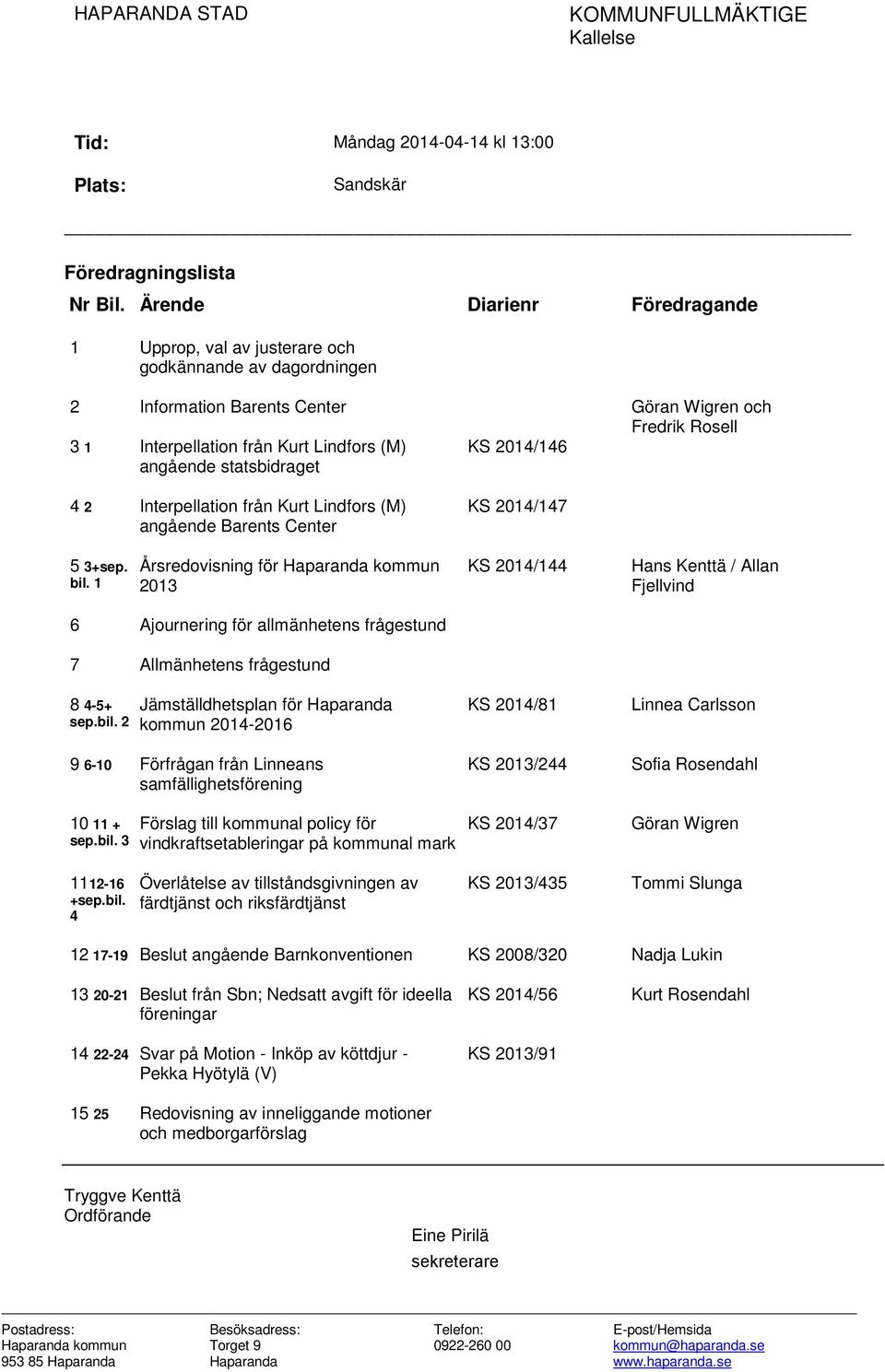 statsbidraget KS 2014/146 4 2 Interpellation från Kurt Lindfors (M) angående Barents Center KS 2014/147 5 3+sep. bil.