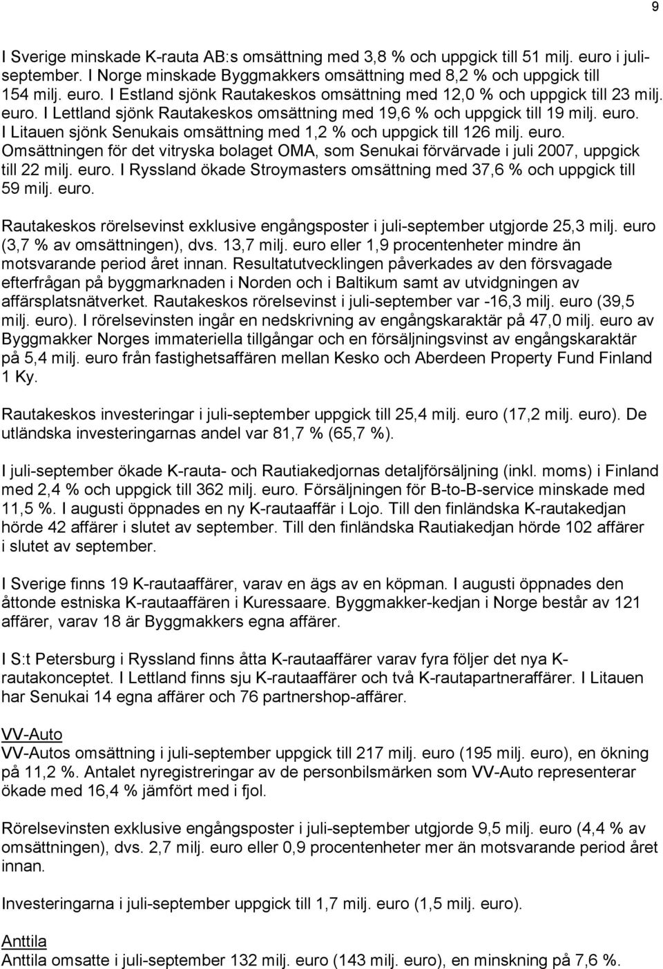 . I Litauen sjönk Senukais omsättning med 1,2 % och uppgick till 126 milj.. Omsättningen för det vitryska bolaget OMA, som Senukai förvärvade i juli, uppgick till 22 milj.