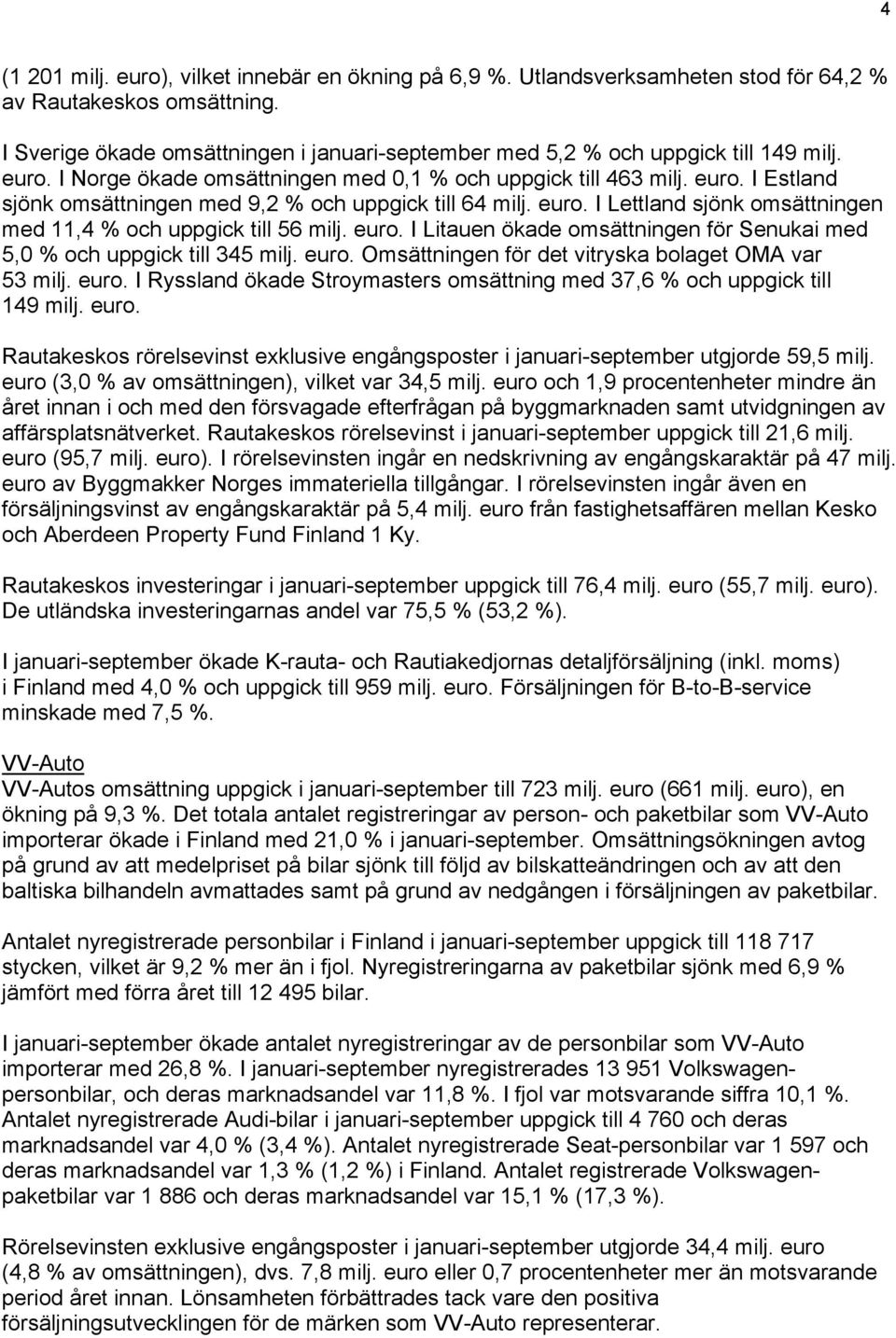 . I Estland sjönk omsättningen med 9,2 % och uppgick till 64 milj.. I Lettland sjönk omsättningen med 11,4 % och uppgick till 56 milj.