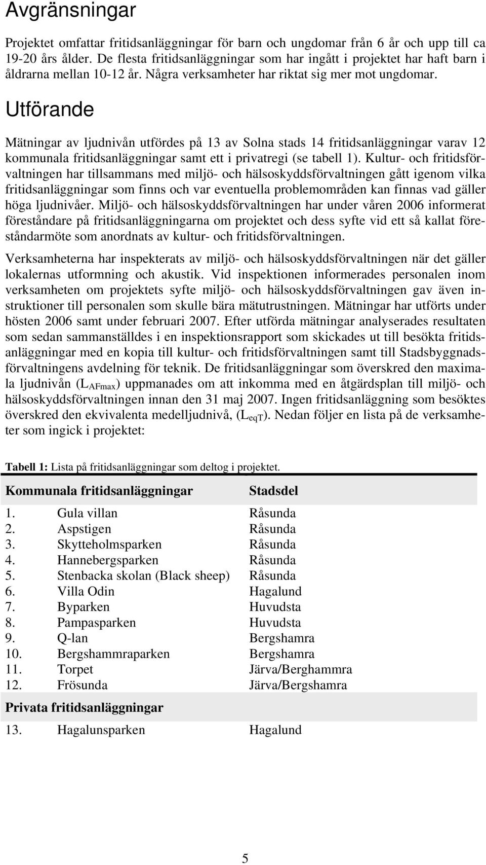 Utförande Mätningar av ljudnivån utfördes på 13 av Solna stads 14 fritidsanläggningar varav 12 kommunala fritidsanläggningar samt ett i privatregi (se tabell 1).