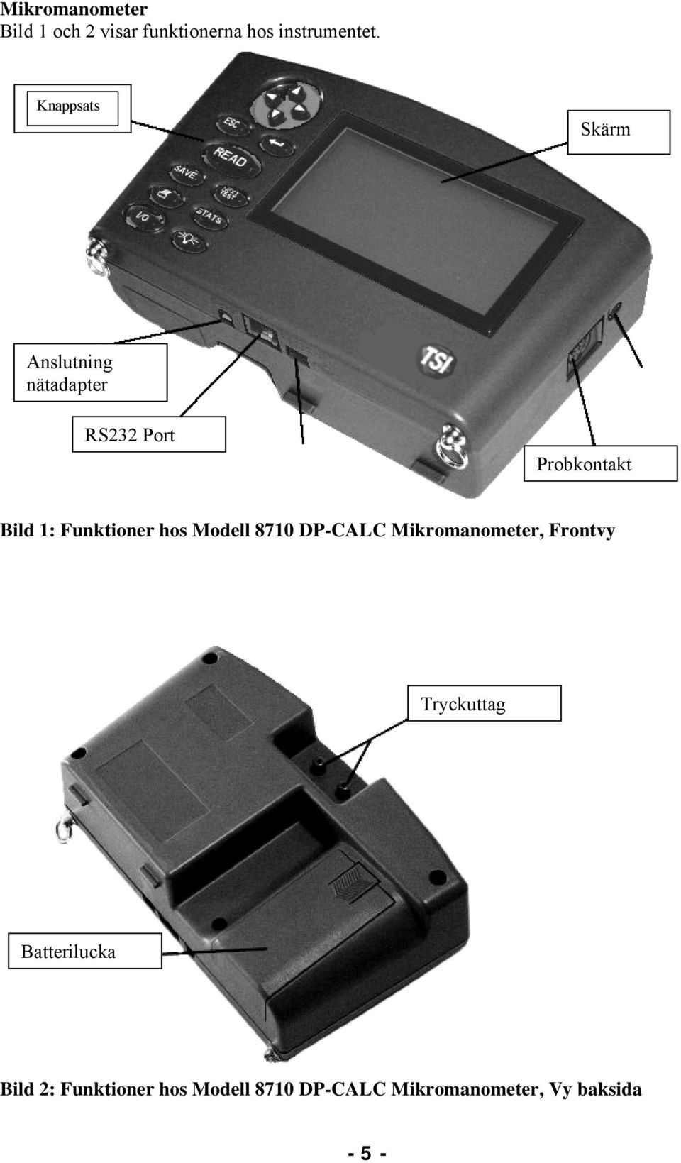 Funktioner hos Modell 8710 DP-CALC Mikromanometer, Frontvy Tryckuttag