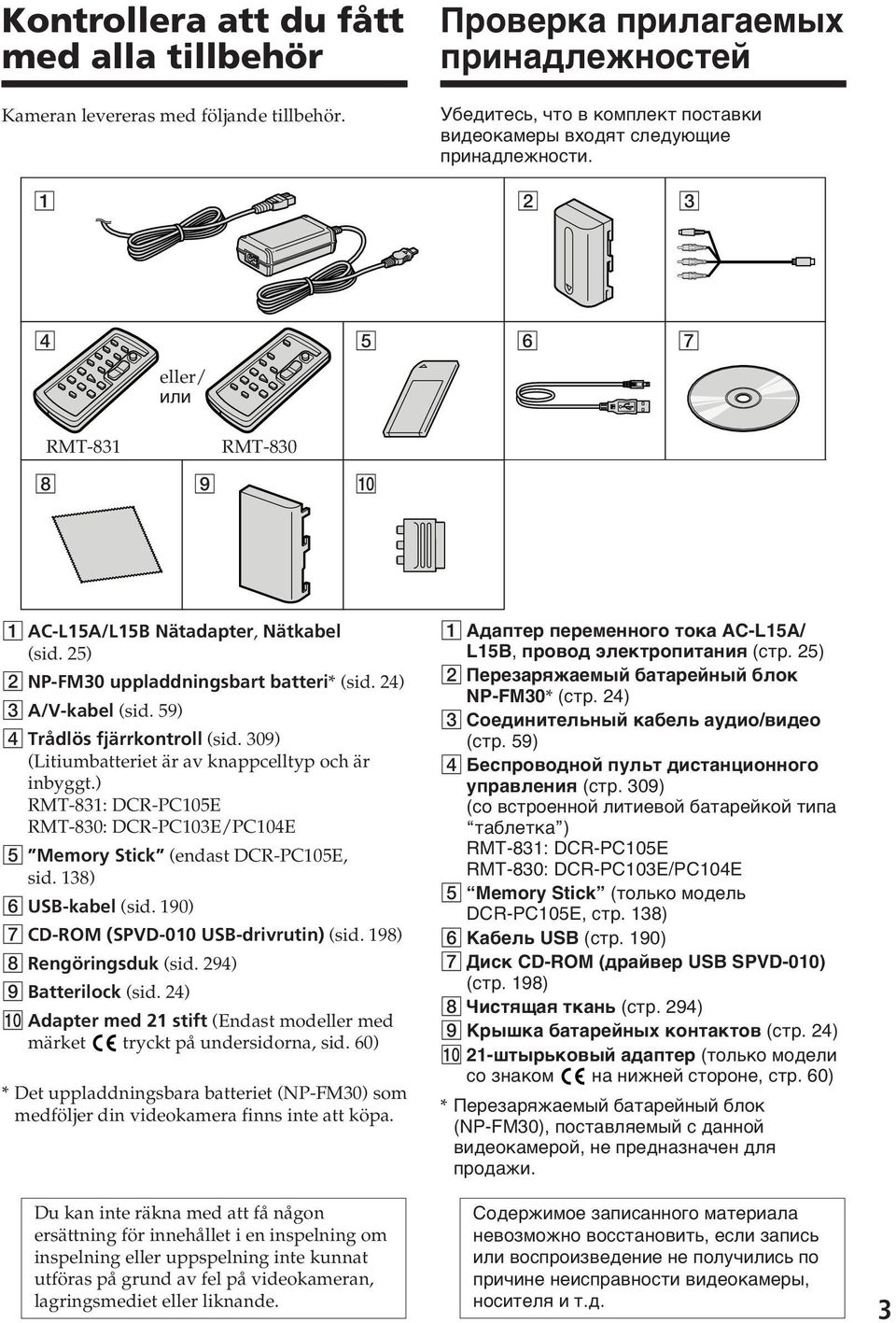 1 2 3 4 eller/ или 5 6 7 RMT-831 RMT-830 8 9 q; 1 AC-L15A/L15B Nätadapter, Nätkabel (sid. 25) 2 NP-FM30 uppladdningsbart batteri* (sid. 24) 3 A/V-kabel (sid. 59) 4 Trådlös fjärrkontroll (sid.