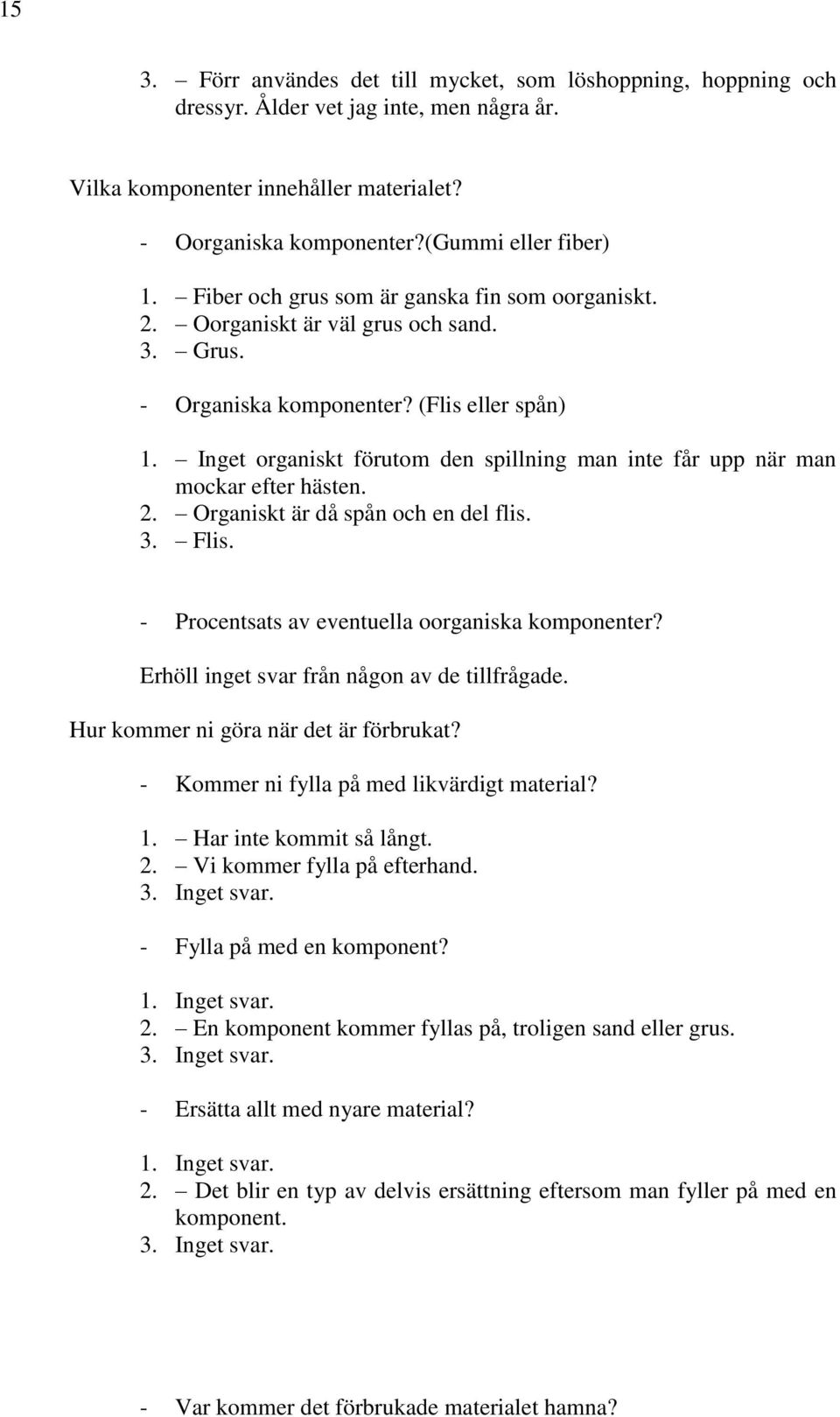 Inget organiskt förutom den spillning man inte får upp när man mockar efter hästen. 2. Organiskt är då spån och en del flis. 3. Flis. - Procentsats av eventuella oorganiska komponenter?