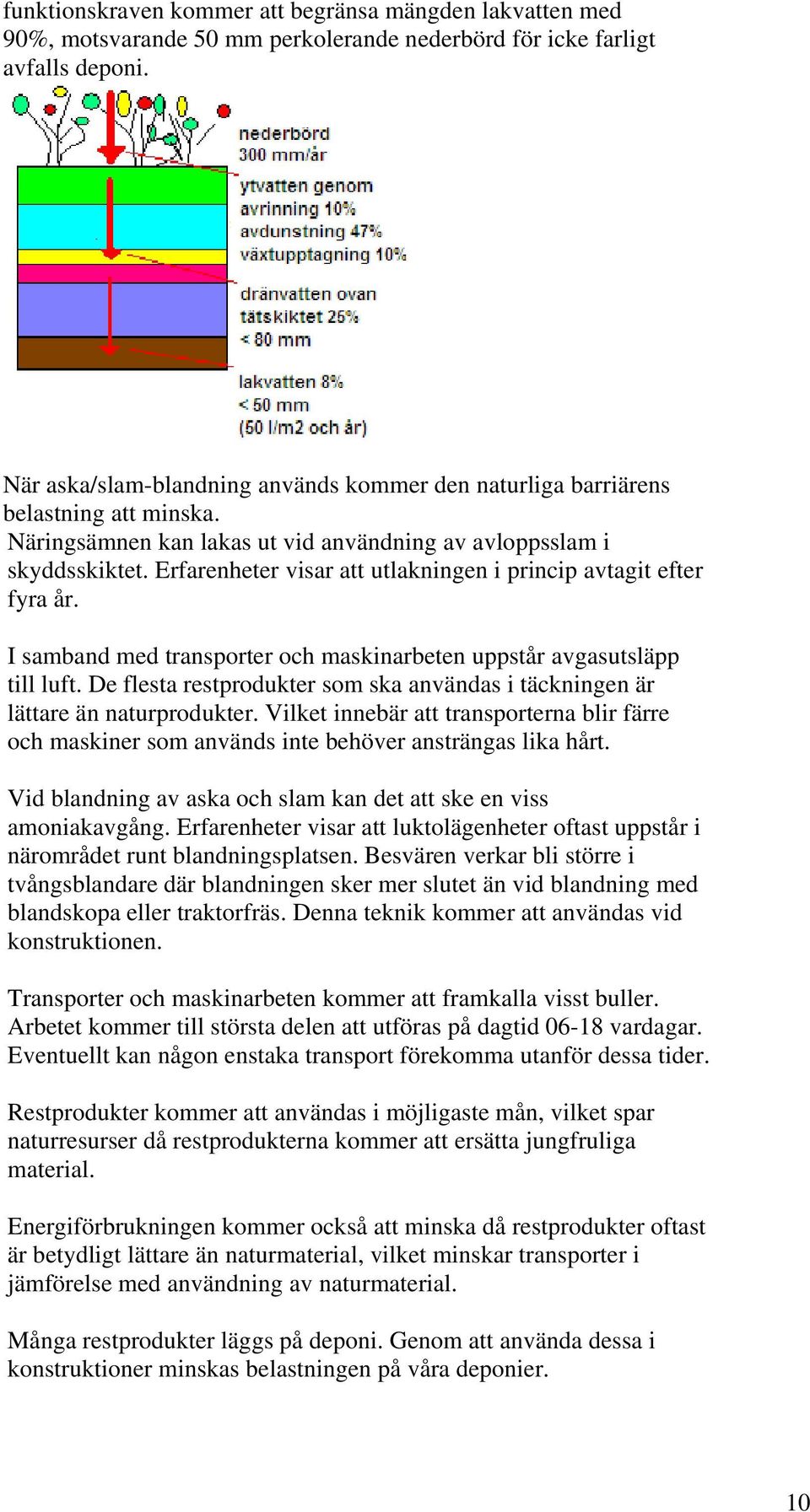 Erfarenheter visar att utlakningen i princip avtagit efter fyra år. I samband med transporter och maskinarbeten uppstår avgasutsläpp till luft.