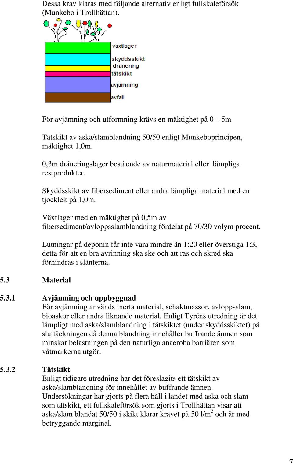 0,3m dräneringslager bestående av naturmaterial eller lämpliga restprodukter. Skyddsskikt av fibersediment eller andra lämpliga material med en tjocklek på 1,0m.