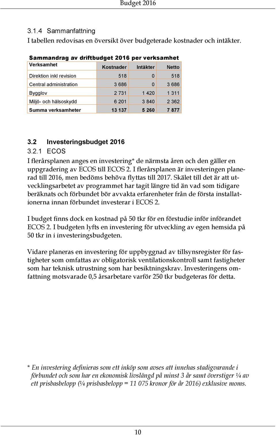 hälsoskydd 6 201 3 840 2 362 Summa verksamheter 13 137 5 260 7 877 3.2 Investeringsbudget 2016 3.2.1 ECOS I flerårsplanen anges en investering* de närmsta åren och den gäller en uppgradering av ECOS till ECOS 2.