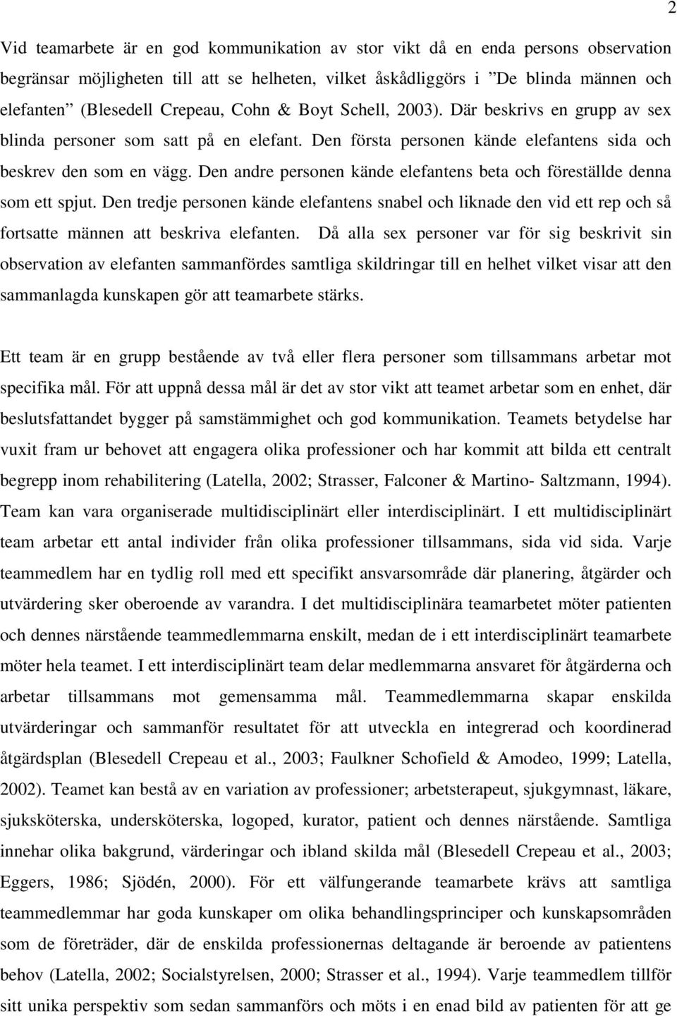 Den andre personen kände elefantens beta och föreställde denna som ett spjut. Den tredje personen kände elefantens snabel och liknade den vid ett rep och så fortsatte männen att beskriva elefanten.