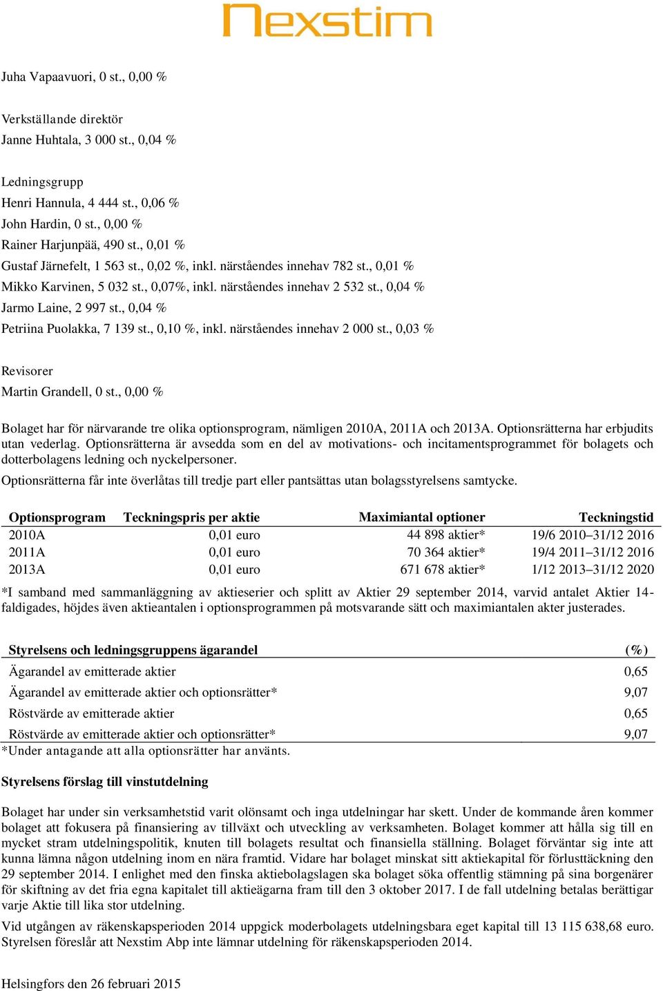 , 0,04 % Petriina Puolakka, 7 139 st., 0,10 %, inkl. närståendes innehav 2 000 st., 0,03 % Revisorer Martin Grandell, 0 st.