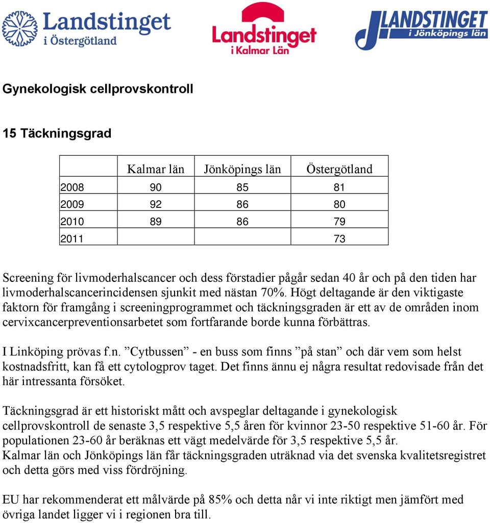 Högt deltagande är den viktigaste faktorn för framgång i screeningprogrammet och täckningsgraden är ett av de områden inom cervixcancerpreventionsarbetet som fortfarande borde kunna förbättras.