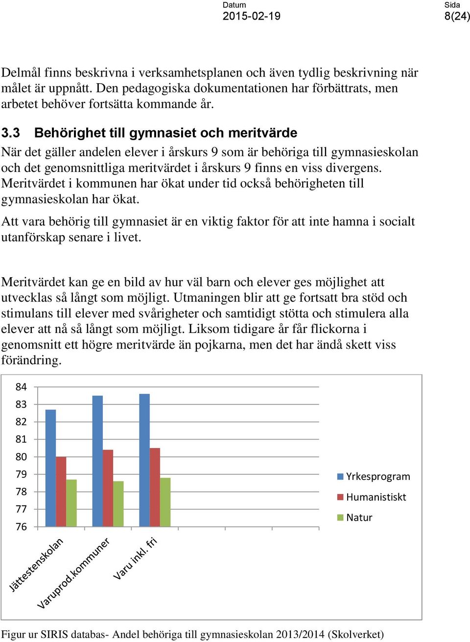 Meritvärdet i kommunen har ökat under tid också behörigheten till gymnasieskolan har ökat. Att vara behörig till gymnasiet är en viktig faktor för att inte hamna i socialt utanförskap senare i livet.