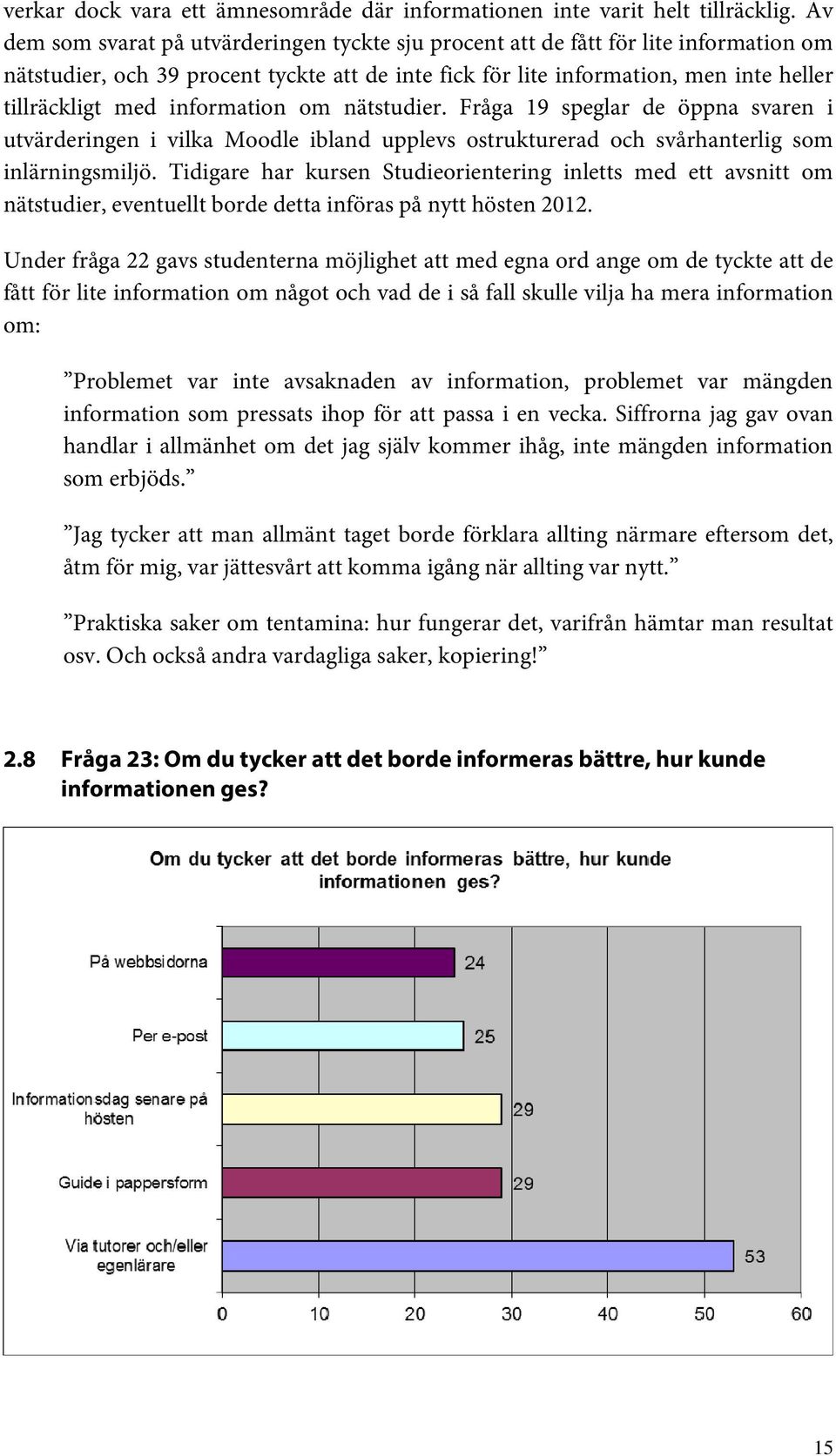 information om nätstudier. Fråga 19 speglar de öppna svaren i utvärderingen i vilka Moodle ibland upplevs ostrukturerad och svårhanterlig som inlärningsmiljö.