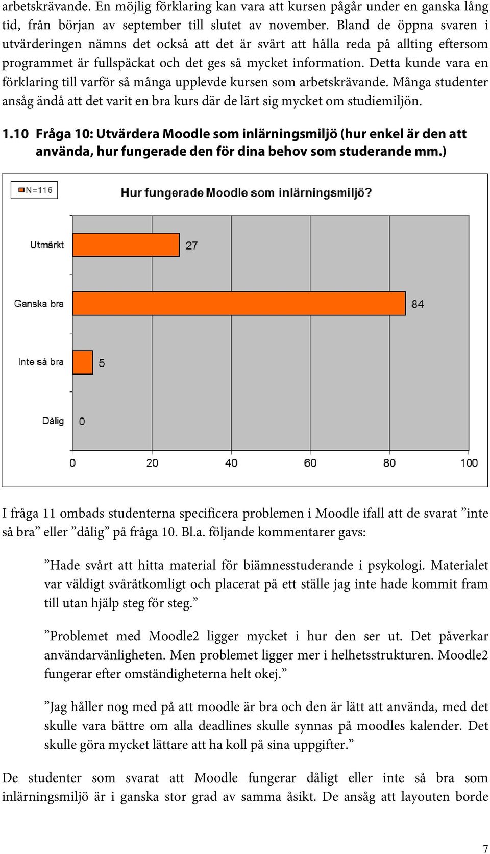 Detta kunde vara en förklaring till varför så många upplevde kursen som arbetskrävande. Många studenter ansåg ändå att det varit en bra kurs där de lärt sig mycket om studiemiljön. 1.