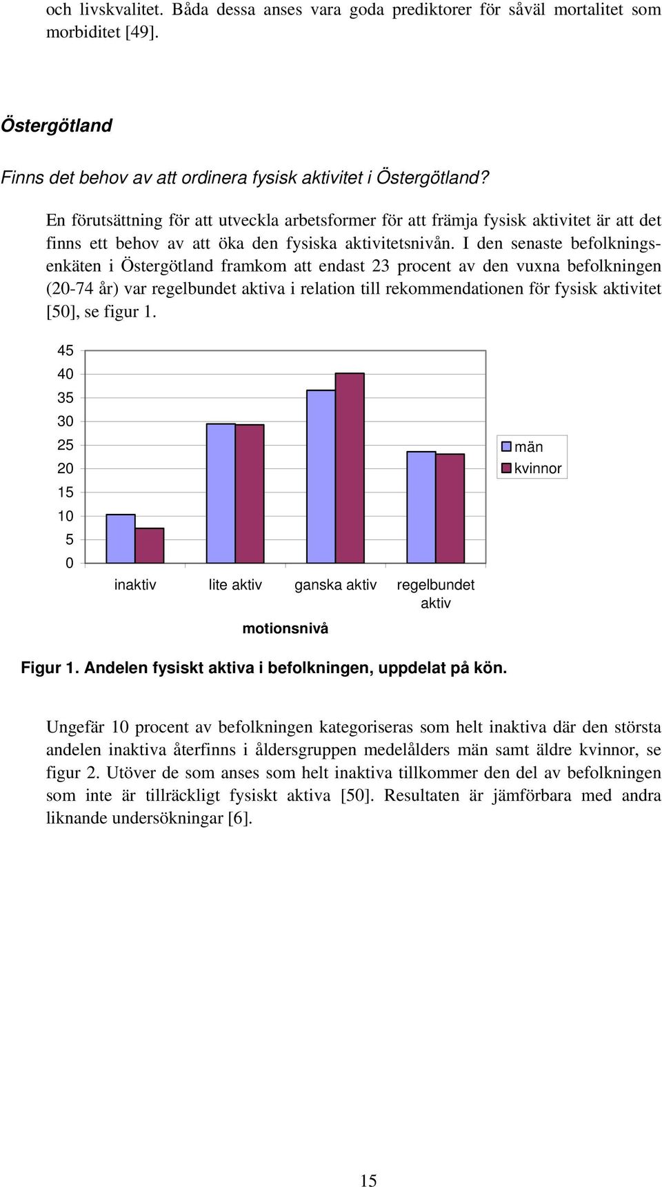 I den senaste befolkningsenkäten i Östergötland framkom att endast 23 procent av den vuxna befolkningen (20-74 år) var regelbundet aktiva i relation till rekommendationen för fysisk aktivitet [50],