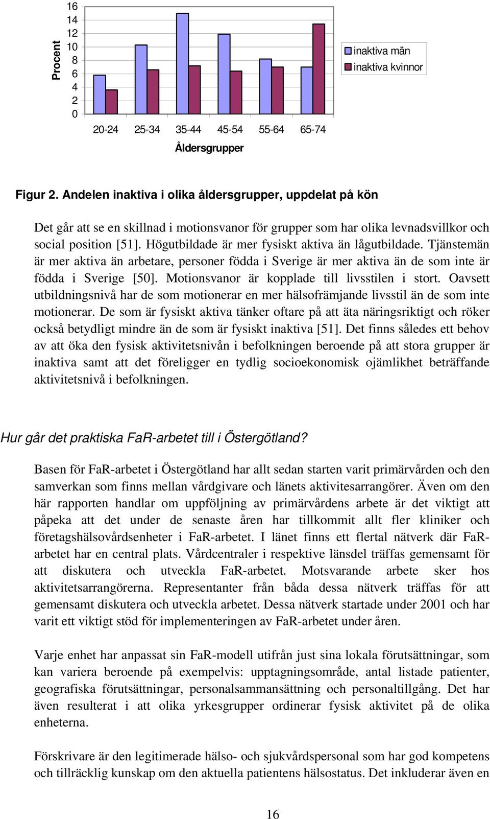 Högutbildade är mer fysiskt aktiva än lågutbildade. Tjänstemän är mer aktiva än arbetare, personer födda i Sverige är mer aktiva än de som inte är födda i Sverige [50].