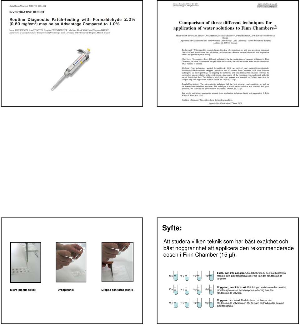 Micro-pipette-teknik Droppteknik Droppa och torka teknik 15 µl 15 µl 15 µl 15 µl Noggrann, men inte exakt.