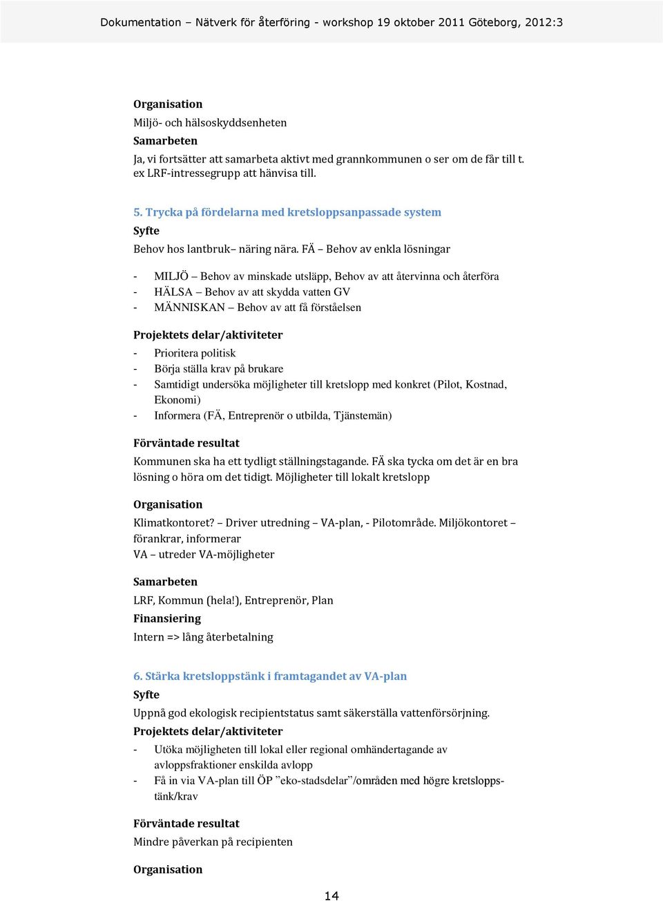 FÄ Behov av enkla lösningar - MILJÖ Behov av minskade utsläpp, Behov av att återvinna och återföra - HÄLSA Behov av att skydda vatten GV - MÄNNISKAN Behov av att få förståelsen Projektets