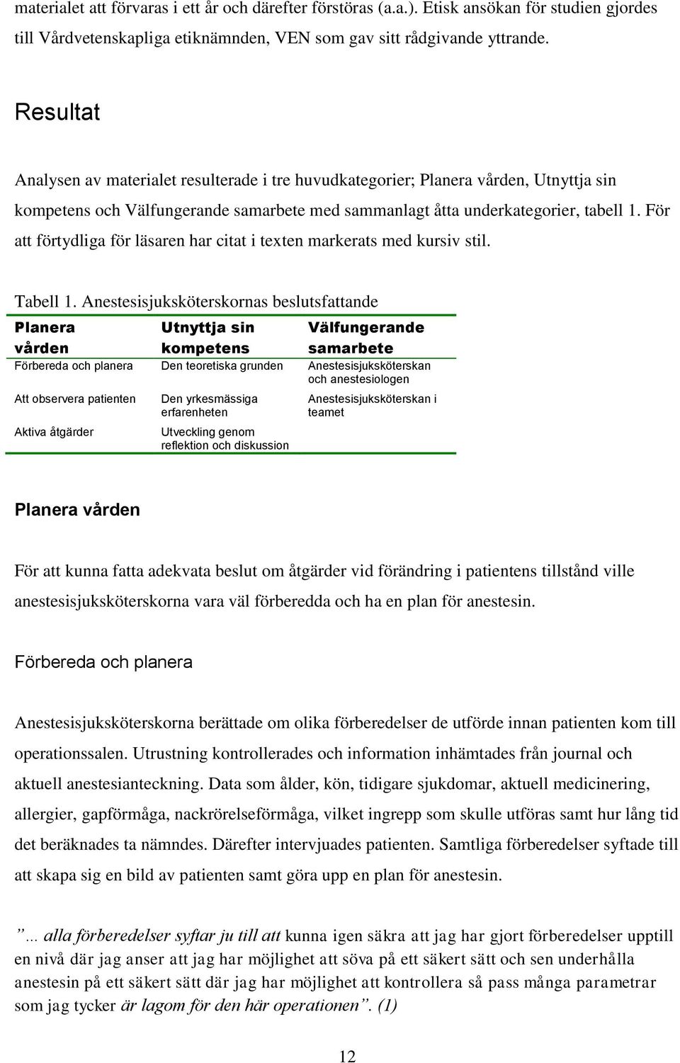 För att förtydliga för läsaren har citat i texten markerats med kursiv stil. Tabell 1.