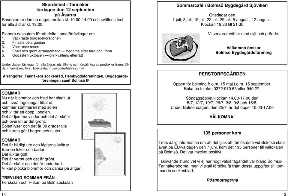 Vackraste bordsdekorationen Finaste pelargonian Vackraste rosen Frukt och grönt arrangemang bedöms efter färg och form Godaste fruktpajen blir kvällens efterrätt Sommarcafé i Bolmsö Bygdegård