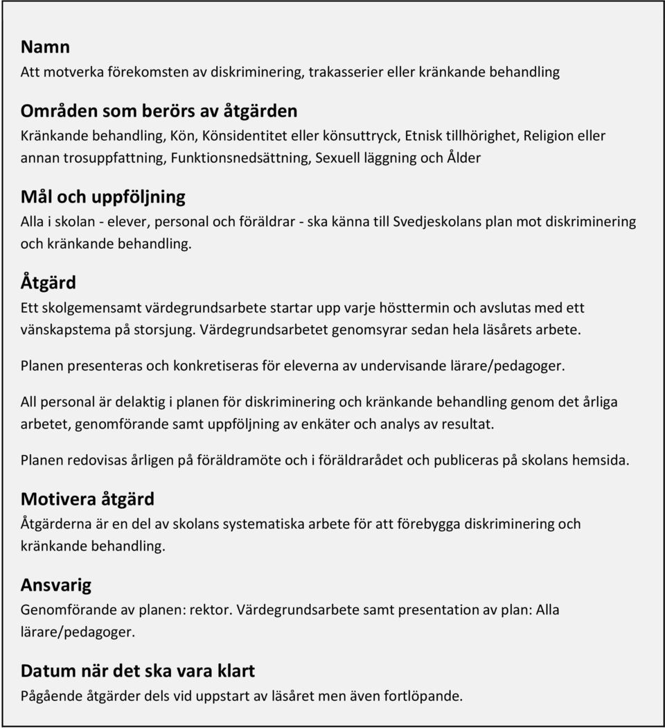 plan mot diskriminering och kränkande behandling. Åtgärd Ett skolgemensamt värdegrundsarbete startar upp varje hösttermin och avslutas med ett vänskapstema på storsjung.