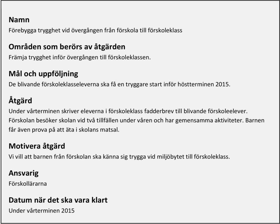 Åtgärd Under vårterminen skriver eleverna i förskoleklass fadderbrev till blivande förskoleelever.