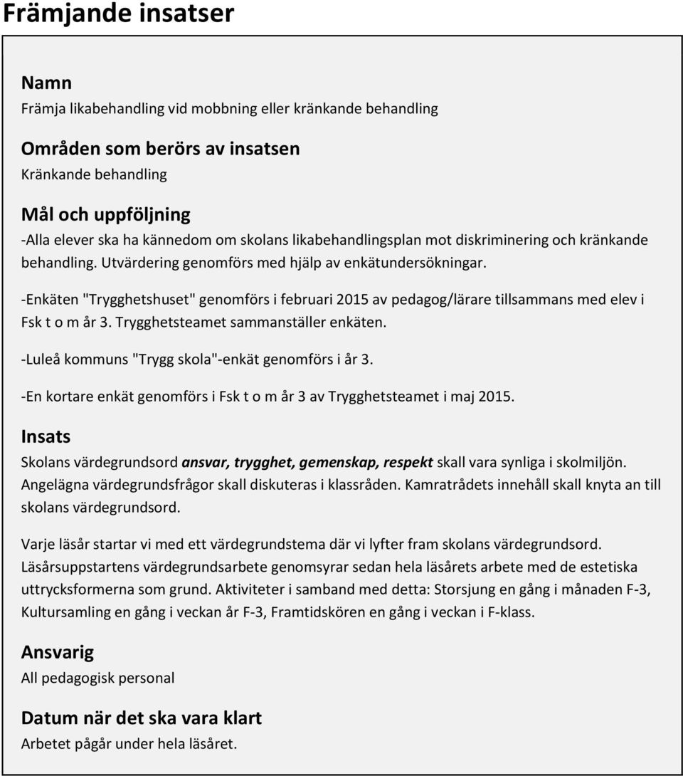 -Enkäten "Trygghetshuset" genomförs i februari 2015 av pedagog/lärare tillsammans med elev i Fsk t o m år 3. Trygghetsteamet sammanställer enkäten. -Luleå kommuns "Trygg skola"-enkät genomförs i år 3.