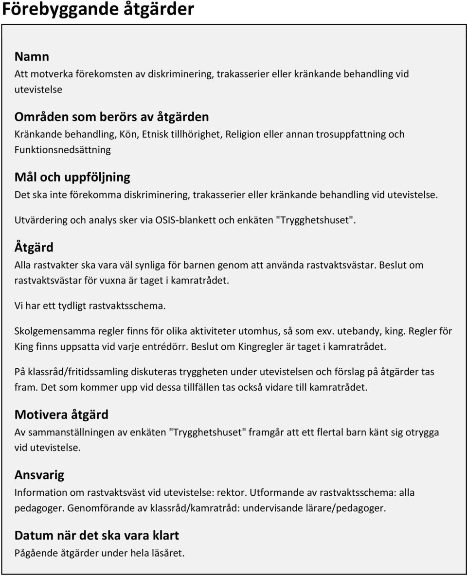 Utvärdering och analys sker via OSIS-blankett och enkäten "Trygghetshuset". Åtgärd Alla rastvakter ska vara väl synliga för barnen genom att använda rastvaktsvästar.