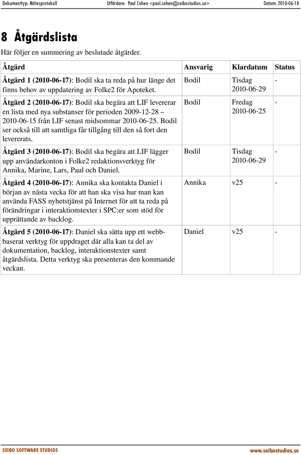 Åtgärd 2 (2010 06 17): Bodil ska begära att LIF levererar en lista med nya substanser för perioden 2009 12 28 2010 06 15 från LIF senast midsommar 2010 06 25.