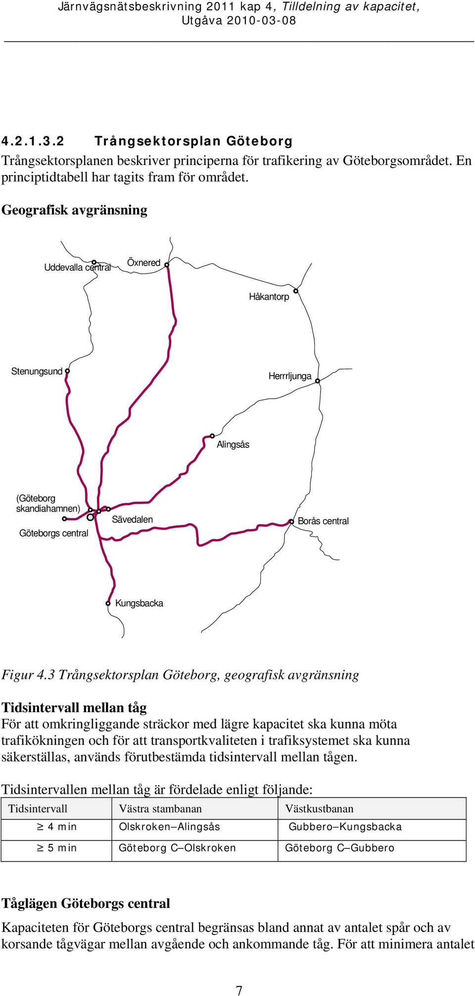 3 Trångsektorsplan Göteborg, geografisk avgränsning Tidsintervall mellan tåg För att omkringliggande sträckor med lägre kapacitet ska kunna möta trafikökningen och för att transportkvaliteten i