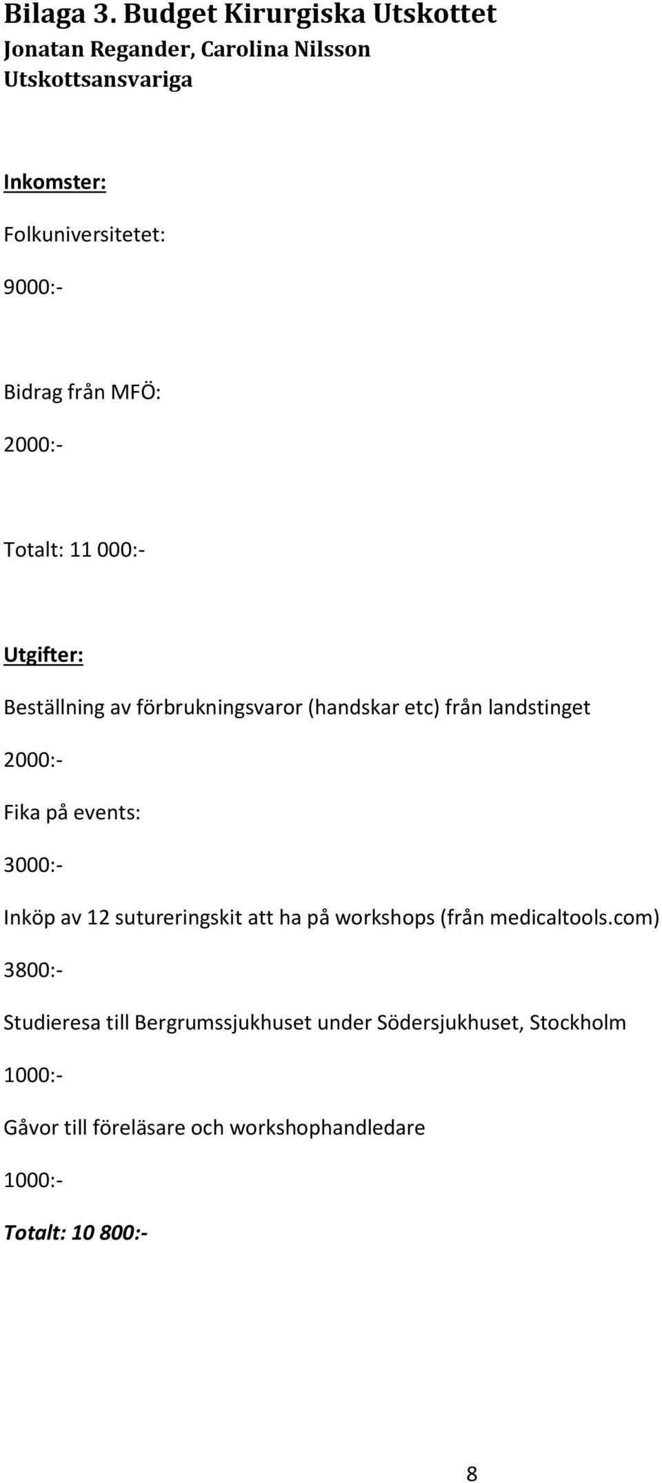 Bidrag från MFÖ: 2000:- Totalt: 11 000:- Utgifter: Beställning av förbrukningsvaror (handskar etc) från landstinget 2000:-