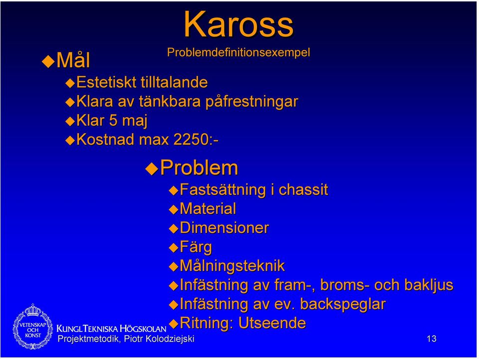 chassit Material Dimensioner Färg Målningsteknik Infästning av fram-,, broms- och