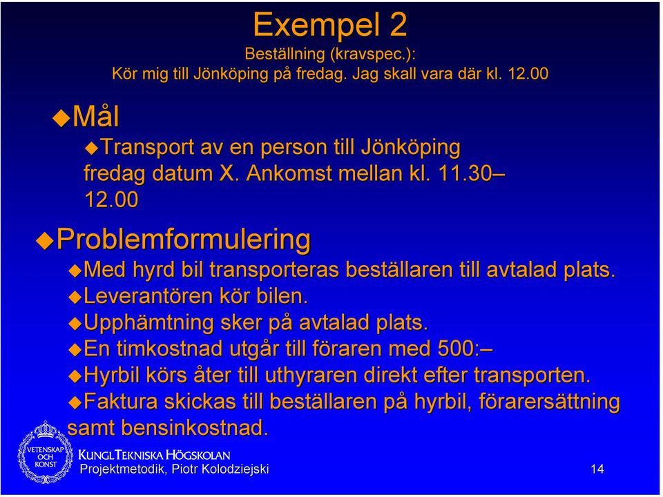 00 Problemformulering Med hyrd bil transporteras beställaren till avtalad plats. Leverantören kör bilen.