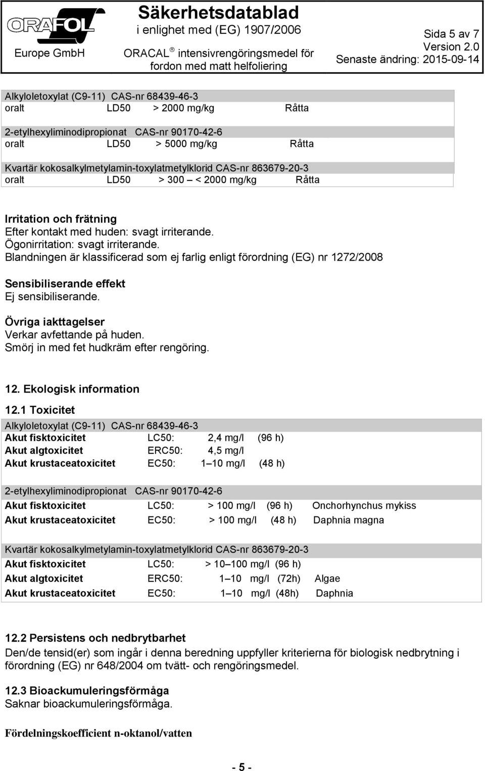 Blandningen är klassificerad som ej farlig enligt förordning (EG) nr 1272/2008 Sensibiliserande effekt Ej sensibiliserande. Övriga iakttagelser Verkar avfettande på huden.