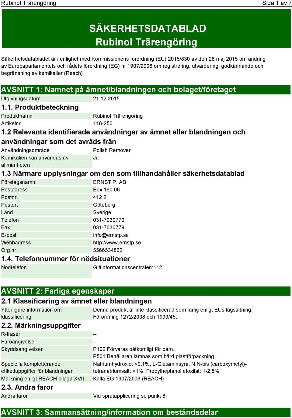 Utgivningsdatum 21.12.2015 1.1. Produktbeteckning Produktnamn Rubinol Trärengöring Artikelnr. 116-250 1.