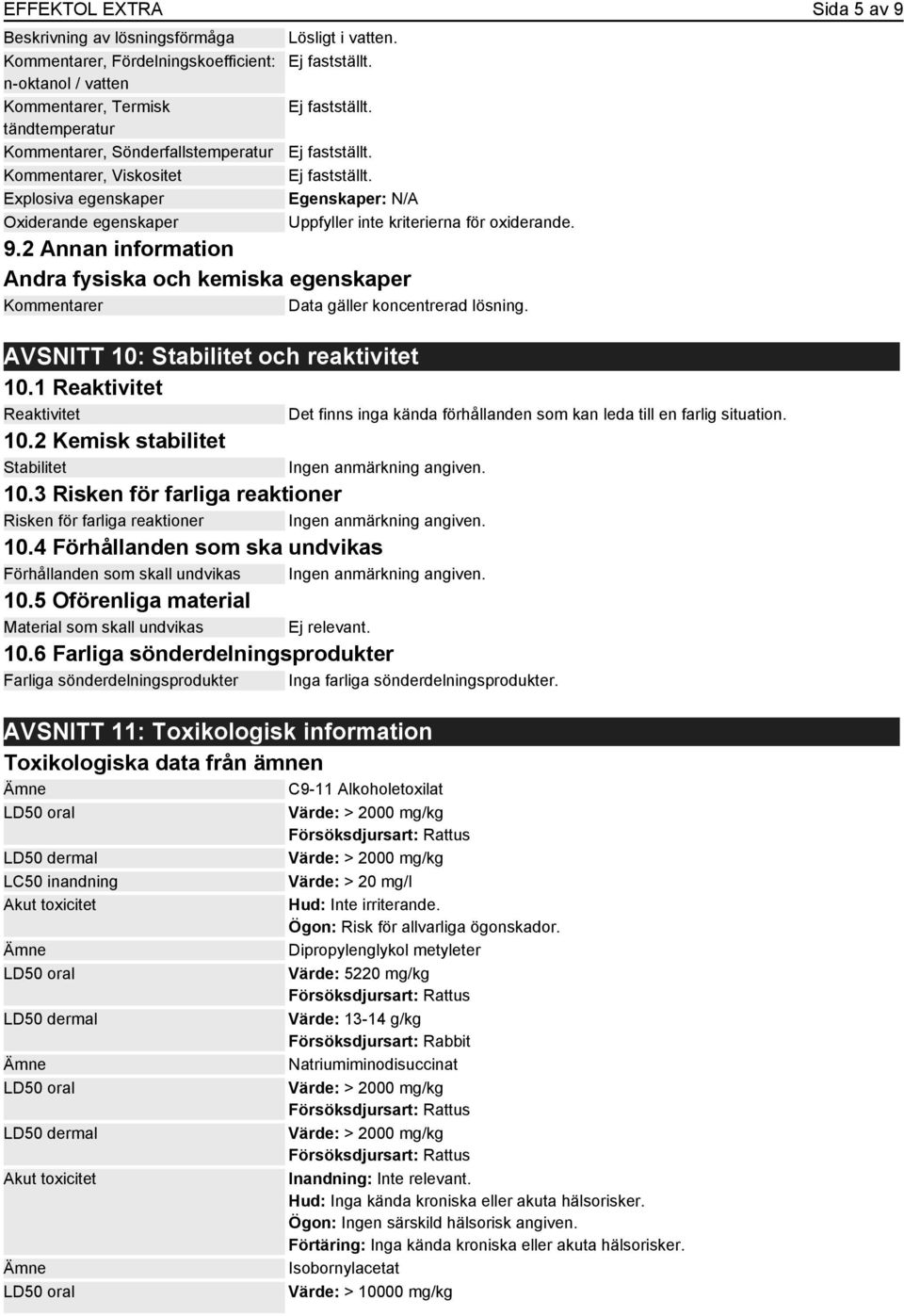 2 Annan information Andra fysiska och kemiska egenskaper Kommentarer Data gäller koncentrerad lösning. AVSNITT 10: Stabilitet och reaktivitet 10.1 Reaktivitet Reaktivitet 10.