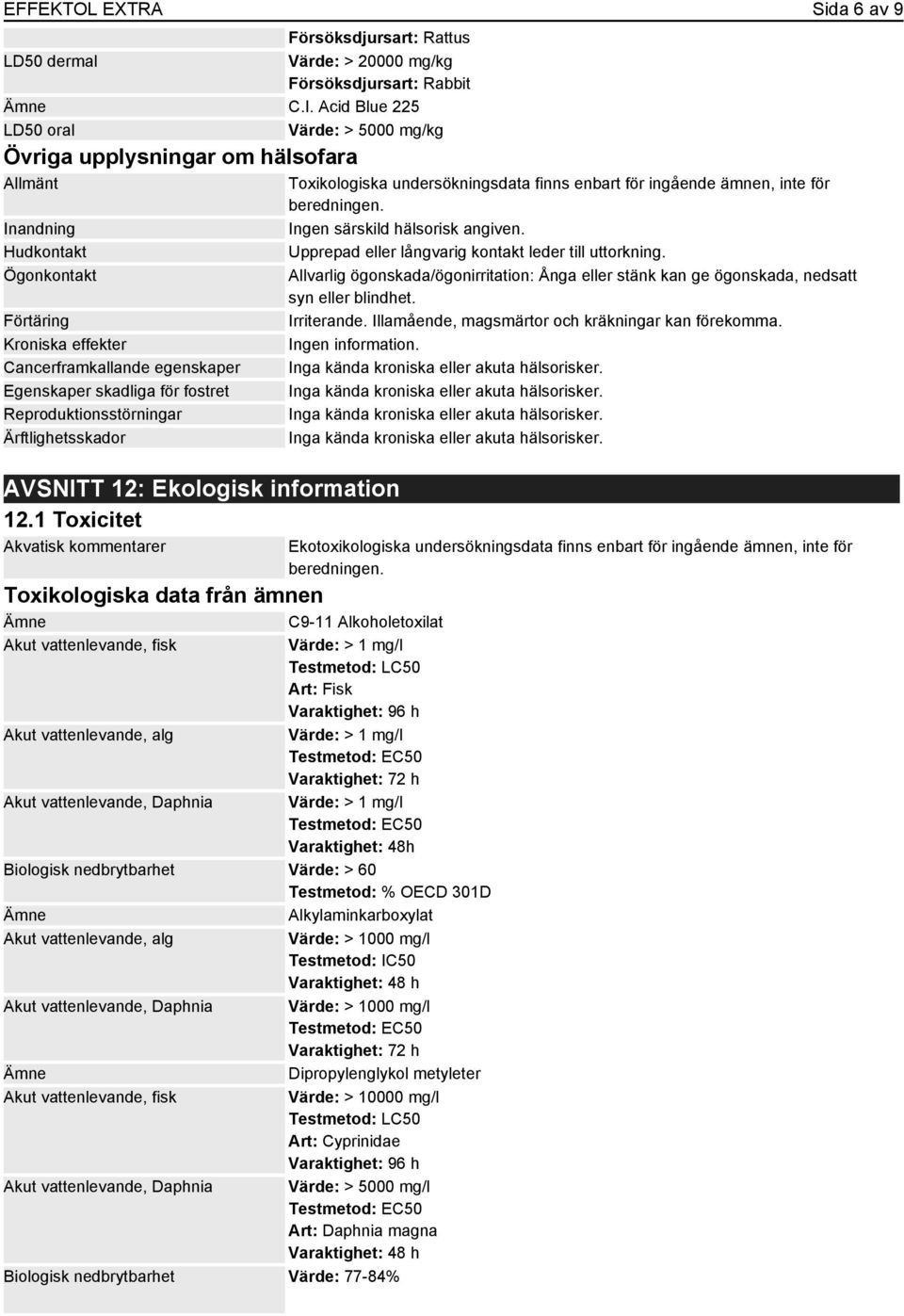 Reproduktionsstörningar Ärftlighetsskador AVSNITT 12: Ekologisk information 12.