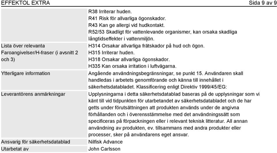 H314 Orsakar allvarliga frätskador på hud och ögon. H315 Irriterar huden. H318 Orsakar allvarliga ögonskador. H335 Kan orsaka irritation i luftvägarna. Angående användningsbegränsningar, se punkt 15.