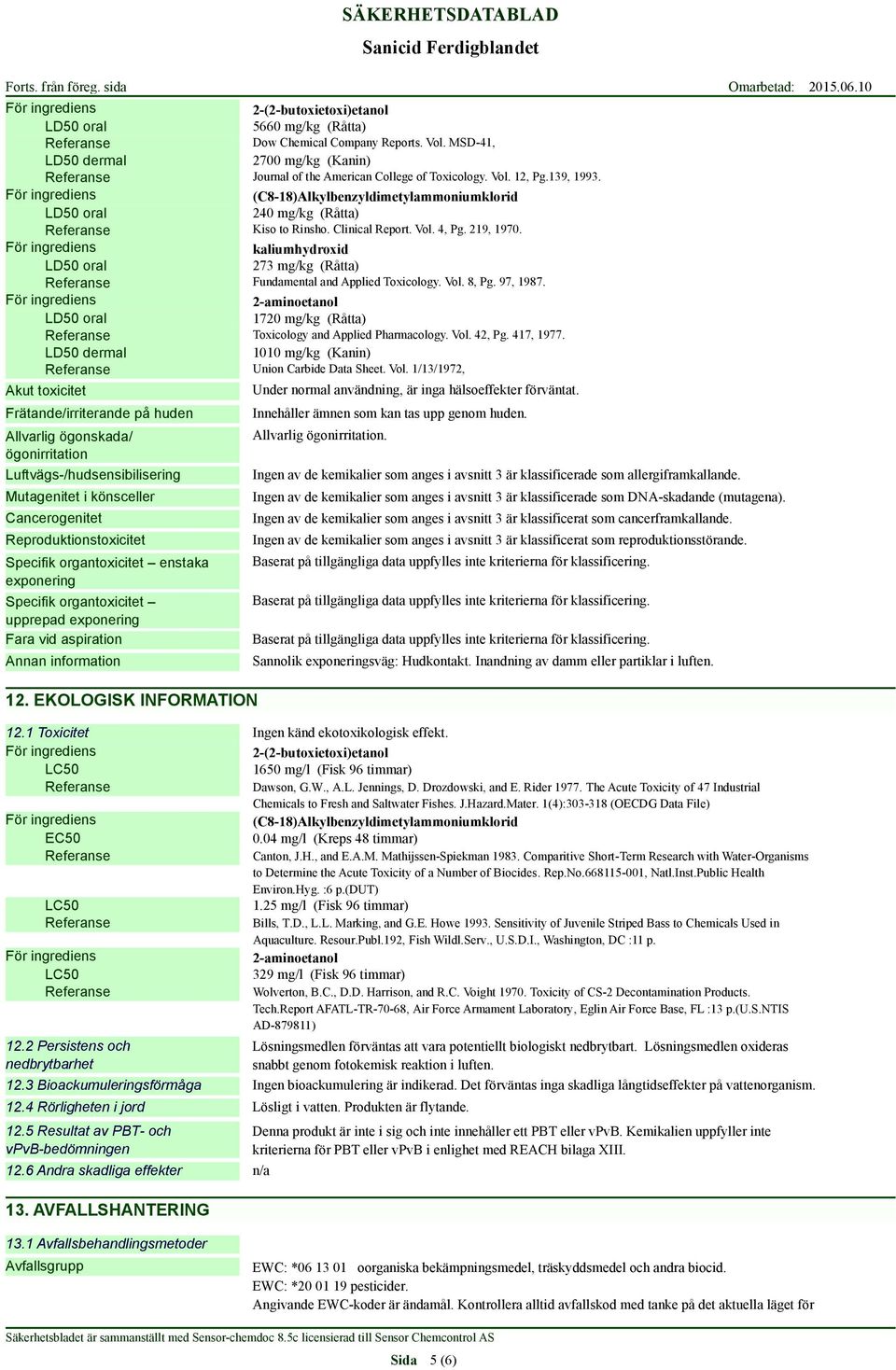 97, 1987. 1720 mg/kg (Råtta) Toxicology and Applied Pharmacology. Vol.