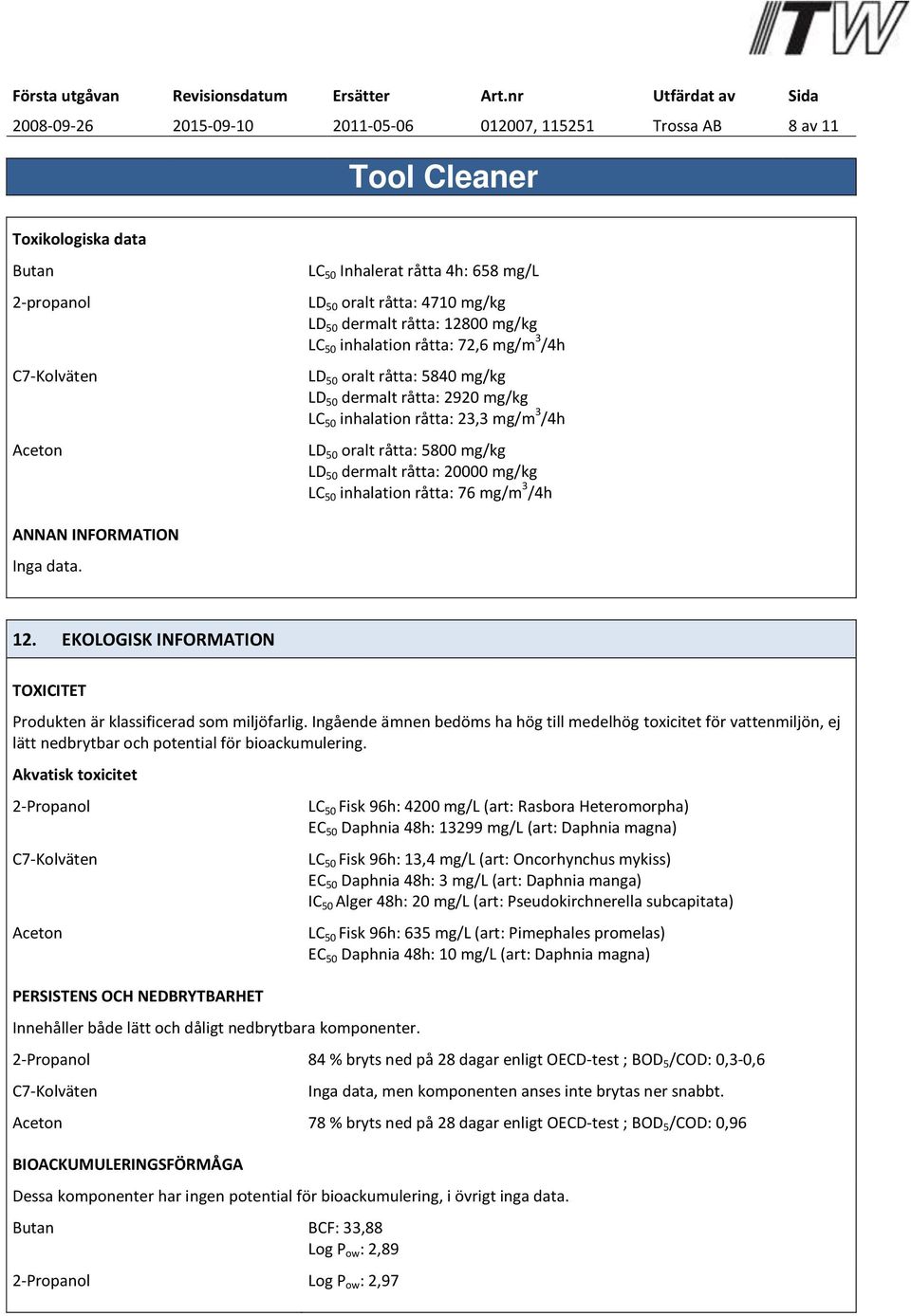 dermalt råtta: 20000 mg/kg LC 50 inhalation råtta: 76 mg/m 3 /4h ANNAN INFORMATION Inga data. 12. EKOLOGISK INFORMATION TOXICITET Produkten är klassificerad som miljöfarlig.