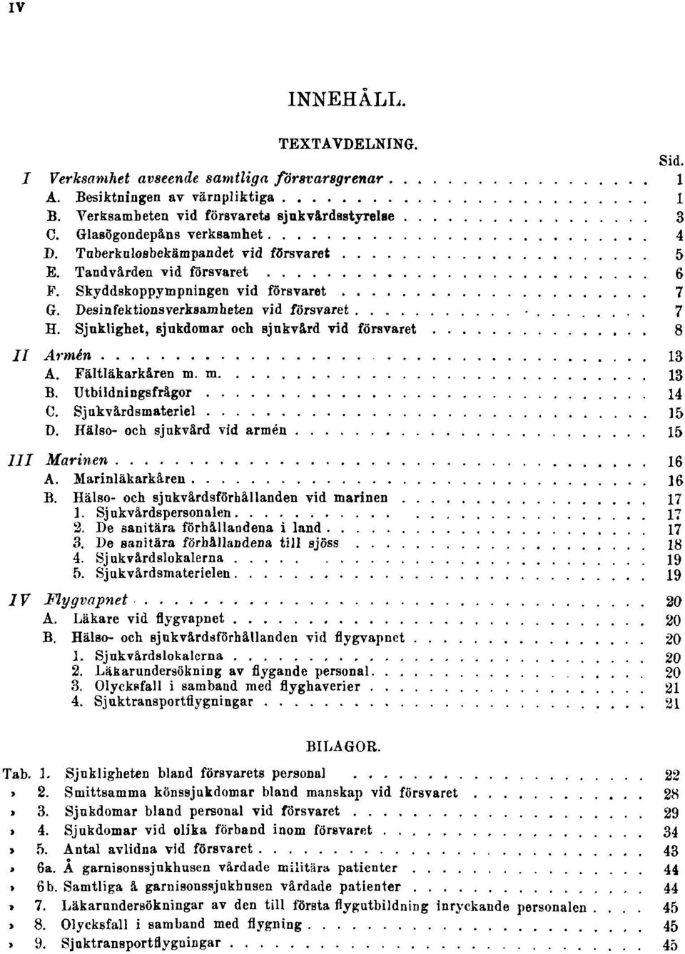 Sjuklighet, sjukdomar och sjukvård vid försvaret 8 II Armén 13 A. Fältläkarkåren m. m. 13 B. Utbildningsfrågor 14 C. Sjukvårdsmateriel 15 D. Hälso- och sjukvård vid armén 15 III Marinen 16 A.