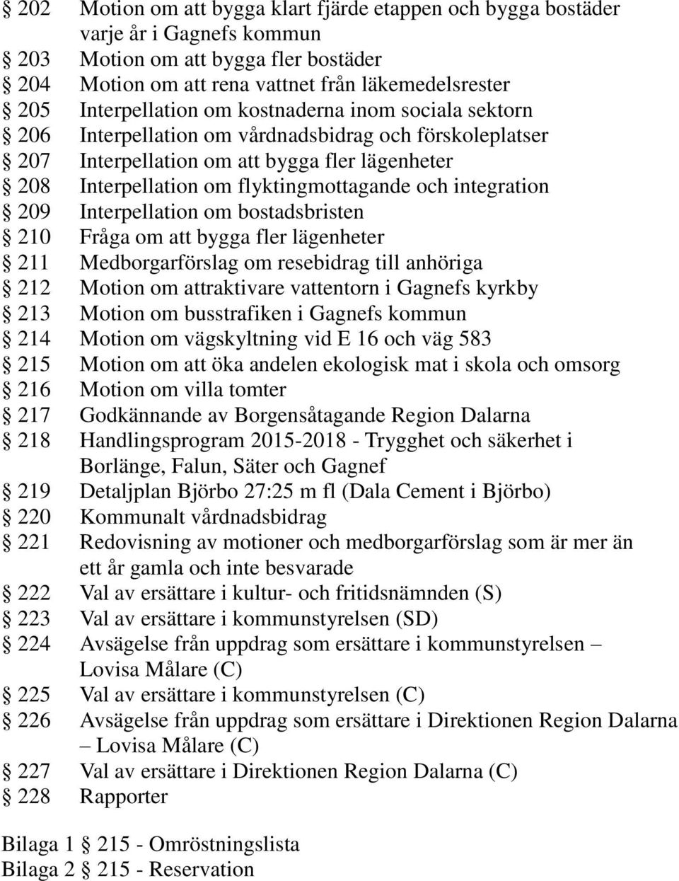 209 Interpellation om bostadsbristen 210 Fråga om att bygga fler lägenheter 211 Medborgarförslag om resebidrag till anhöriga 212 Motion om attraktivare vattentorn i Gagnefs kyrkby 213 Motion om