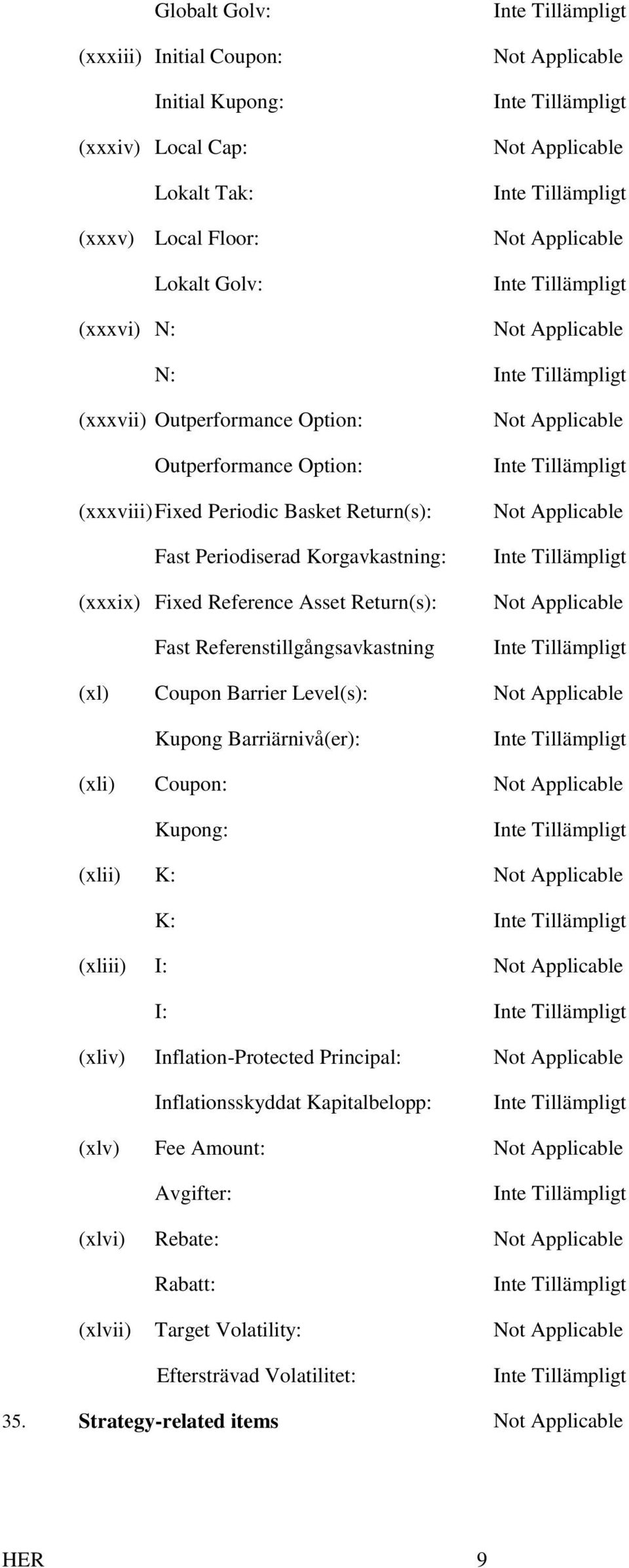 Referenstillgångsavkastning Not Applicable Not Applicable Not Applicable (xl) Coupon Barrier Level(s): Not Applicable Kupong Barriärnivå(er): (xli) Coupon: Not Applicable Kupong: (xlii) K: Not