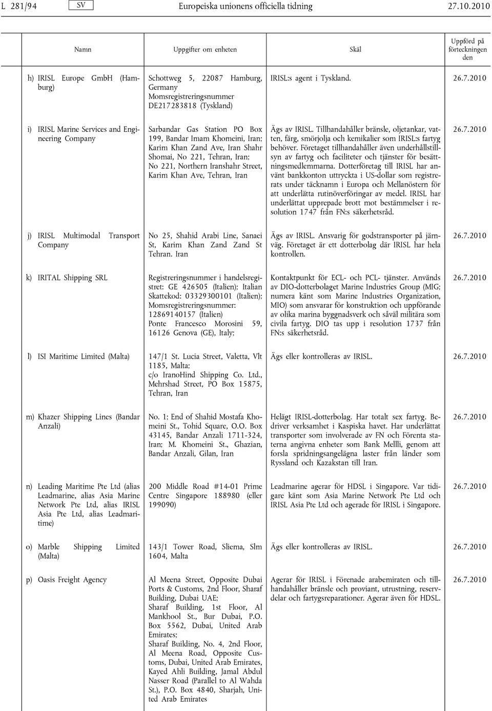 i) IRISL Marine Services and Engineering Company Sarbandar Gas Station PO Box 199, Bandar Imam Khomeini, ; Karim Khan Zand Ave, Shahr Shomai, No 221, ; No 221, Northern shahr Street, Karim Khan Ave,