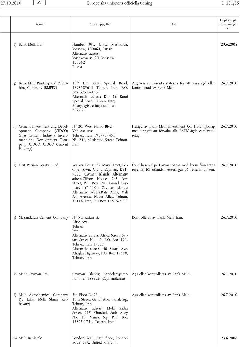 Box 37515-183; Alternativ adress: Km 16 Karaj Special Road, ; Bolagsregistreringsnummer: 382231 Angiven av Förenta staterna för att vara ägd eller kontrollerad av Bank Melli h) Cement Investment and